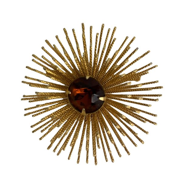 Sarah Coventry Vintage Starburst Brooch Earrings Set 1969 Costume Gold Amber - Picture 2 of 5
